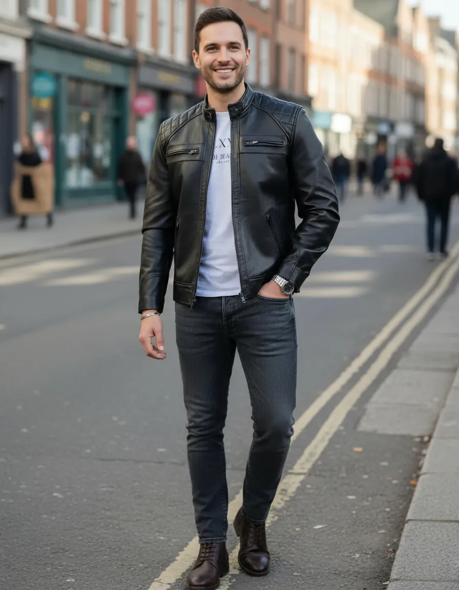 Detalhe jaqueta de couro masculina